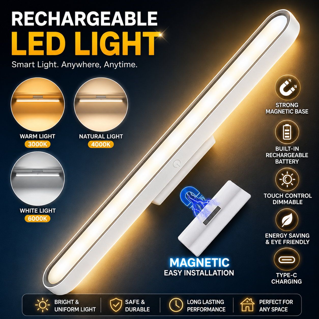 LED Motion Sensor Closet Light – Rechargeable Magnetic Under Cabinet Light, Dimmable Wireless Night Light for Kitchen, Wardrobe, Stairs & Bedroom