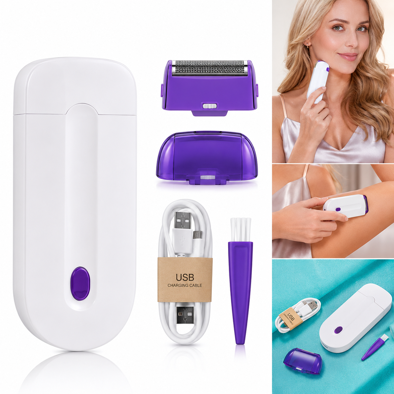 Rechargeable Women's Hair Remover – Portable Smooth Touch Facial & Body Trimmer (Purple)