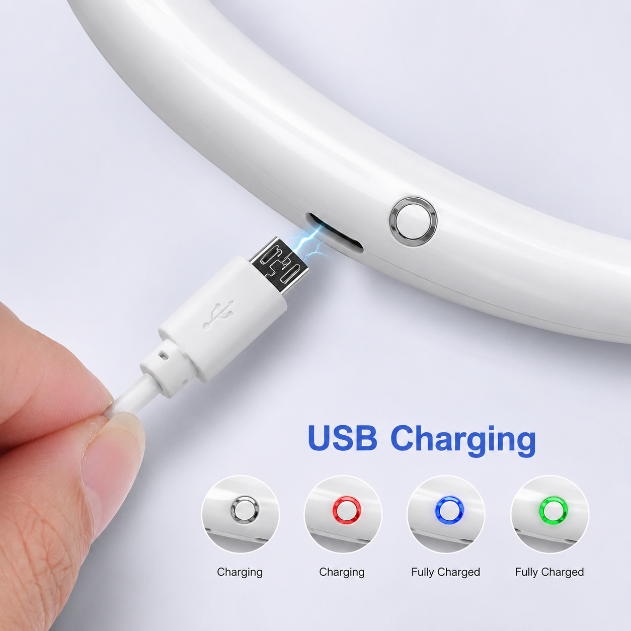 Portable Neckband Fan with LED Light | USB Rechargeable Hands-Free Cooling Fan for Men & Women (White)