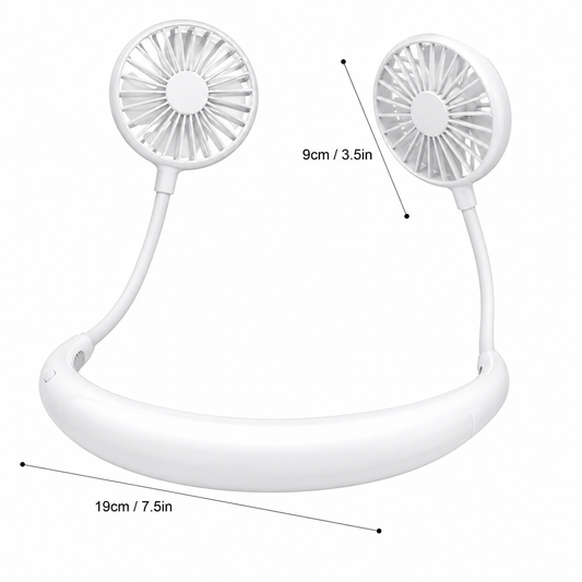 Portable Neckband Fan with LED Light | USB Rechargeable Hands-Free Cooling Fan for Men & Women (White)