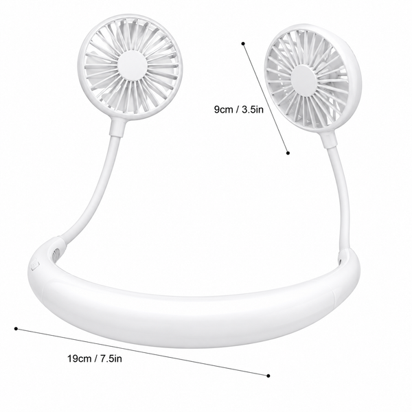 Portable Neckband Fan with LED Light | USB Rechargeable Hands-Free Cooling Fan for Men & Women (White)