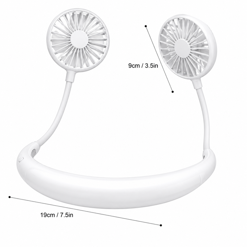 Portable Neckband Fan with LED Light | USB Rechargeable Hands-Free Cooling Fan for Men & Women (White)