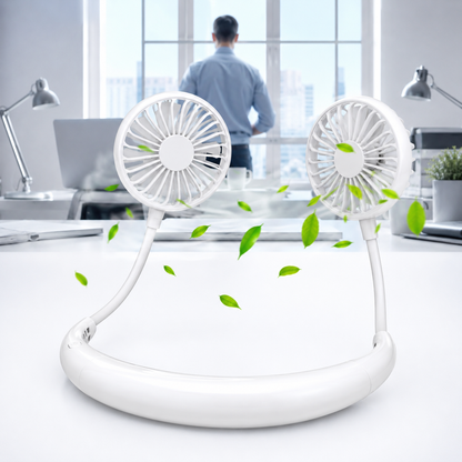 Portable Neckband Fan with LED Light | USB Rechargeable Hands-Free Cooling Fan for Men & Women (White)
