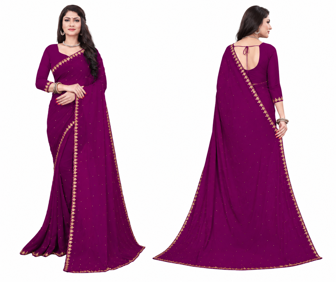 Women's Lycra Blend Solid Saree with Decorative Border | Elegant Party & Festive Wear Saree | Purple | 6.3 Meter