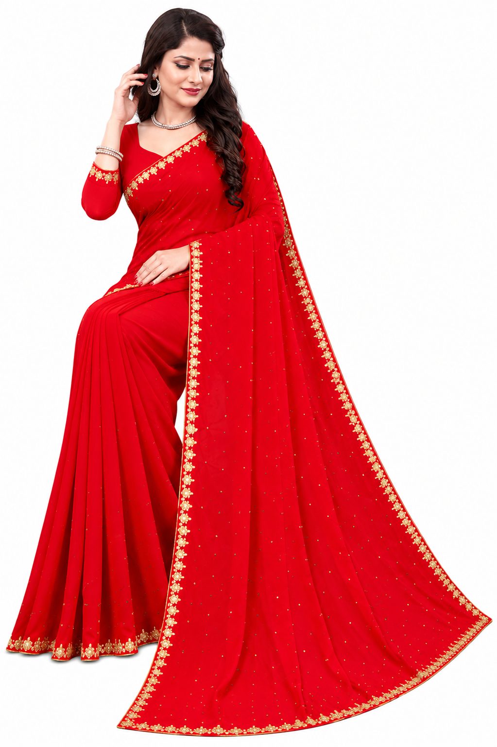 Women's Lycra Blend Solid Saree with Decorative Border | Elegant Party & Festive Wear Saree | Red | 6.3 Meter