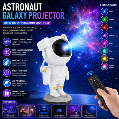 Astronaut Galaxy Star Projector | Remote Control Nebula Night Light with 360° Adjustable Projection