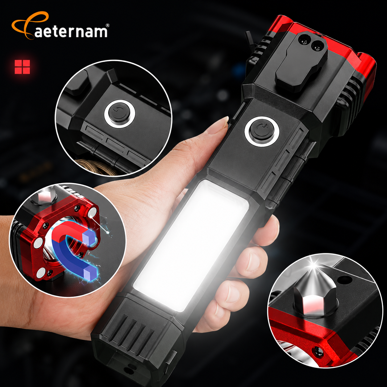 Rechargeable LED Flashlight with Emergency Hammer & USB Fast Charging – Zoomable High Power Torch Light