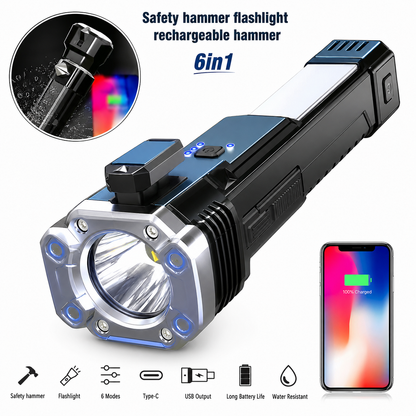 8-in-1 Rechargeable LED Flashlight – Emergency Safety Hammer, Power Bank & Multi-Tool Torch (Black)