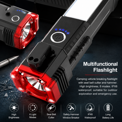 8-in-1 Rechargeable LED Flashlight – Emergency Safety Hammer, Power Bank & Multi-Tool Torch (Black)