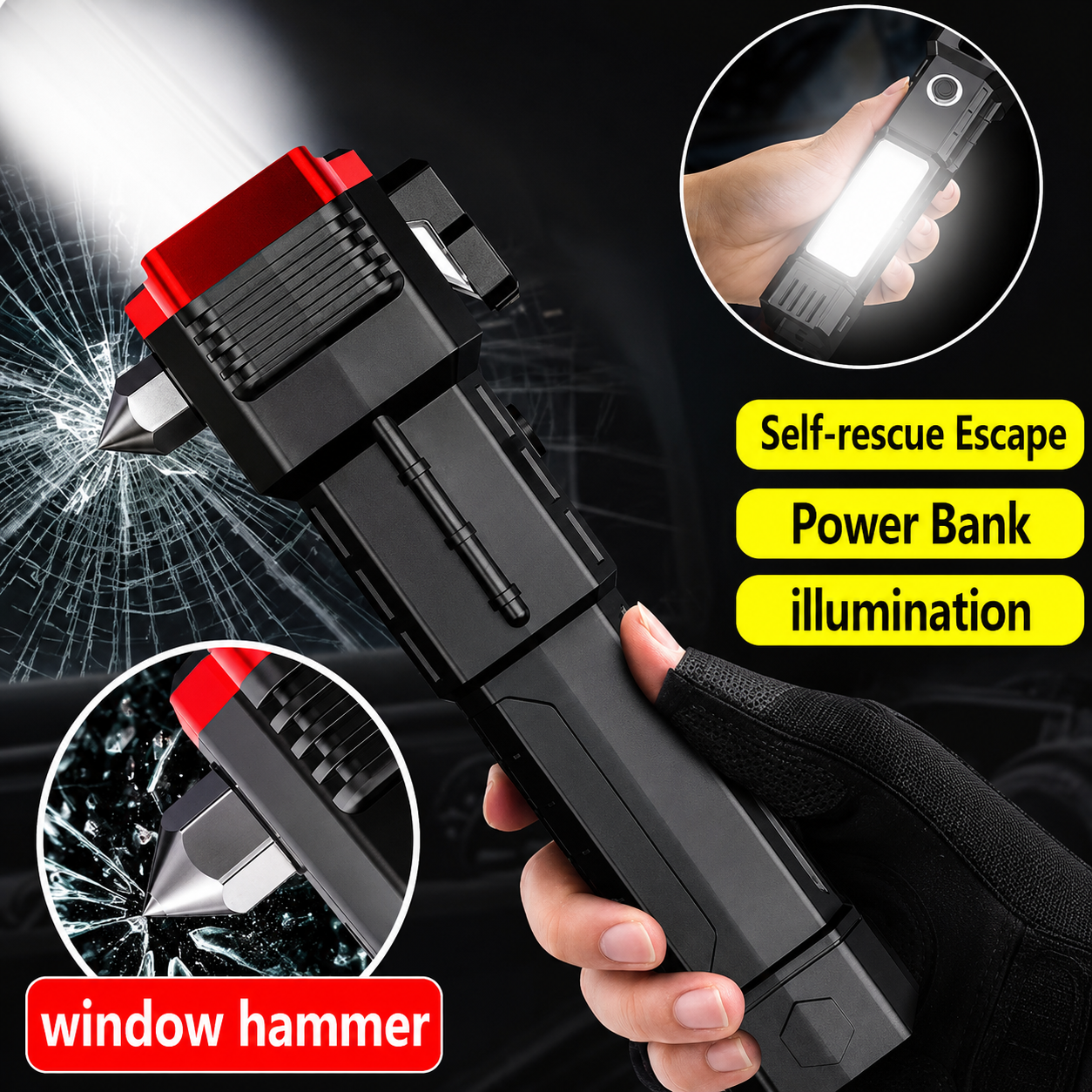 Rechargeable LED Flashlight with Emergency Hammer & USB Fast Charging – Zoomable High Power Torch Light