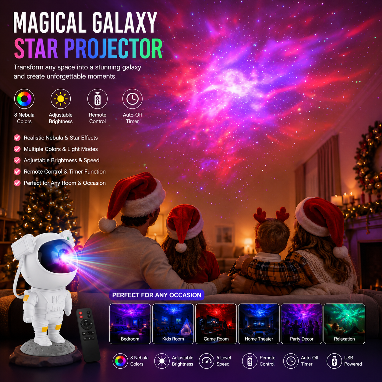 Astronaut Galaxy Star Projector | Remote Control Nebula Night Light with 360° Adjustable Projection