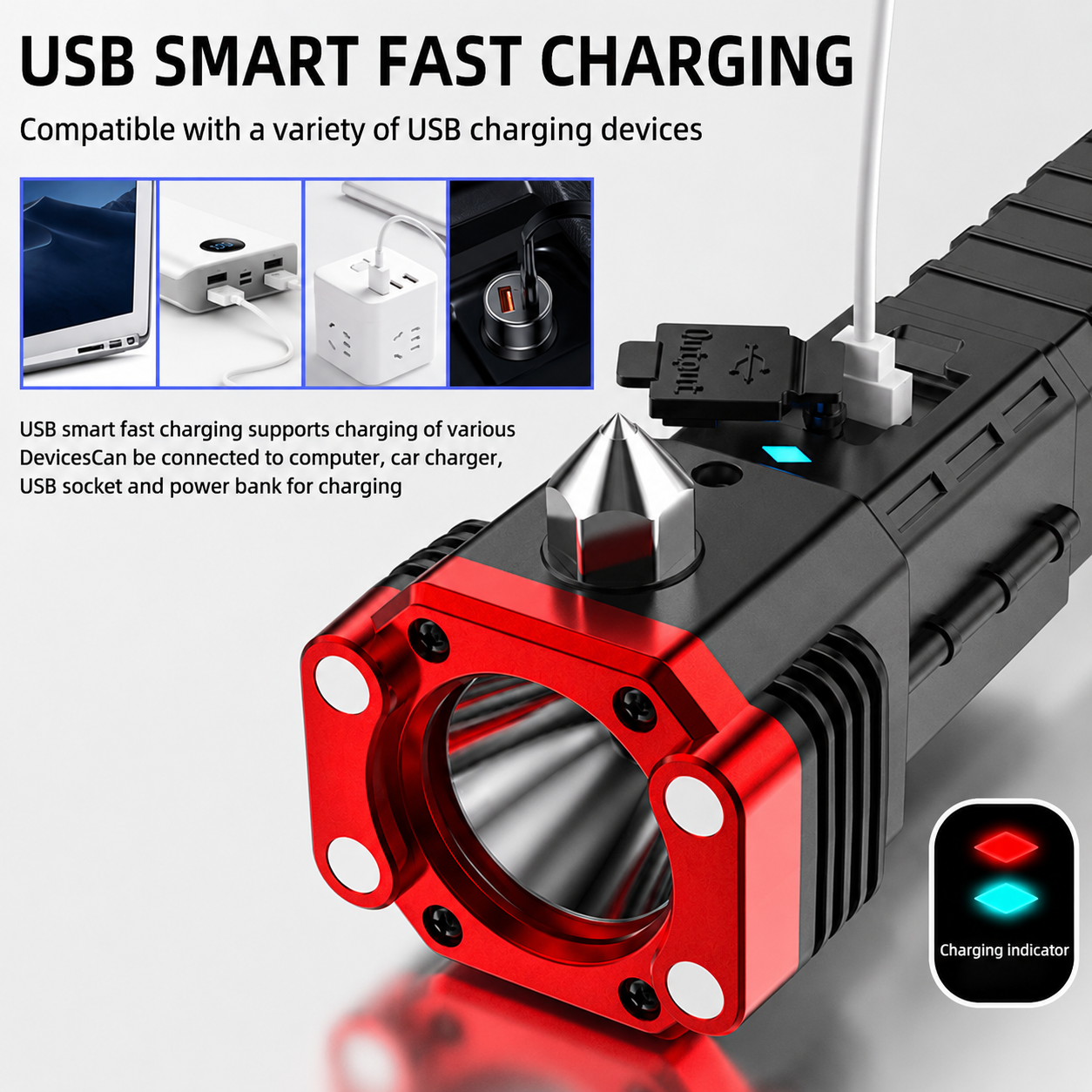 Rechargeable LED Flashlight with Emergency Hammer & USB Fast Charging – Zoomable High Power Torch Light