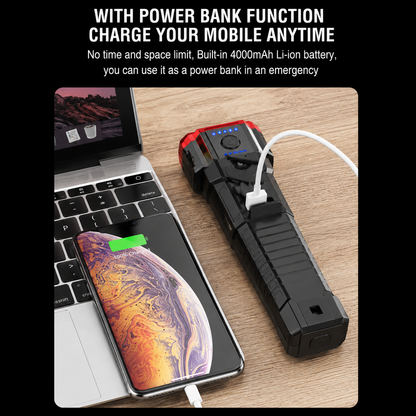 8-in-1 Rechargeable LED Flashlight – Emergency Safety Hammer, Power Bank & Multi-Tool Torch (Black)
