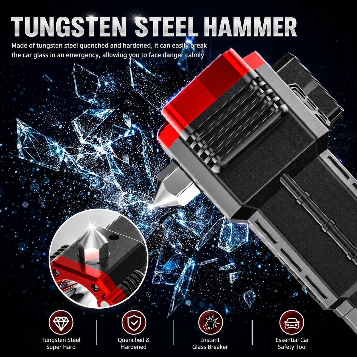 Rechargeable LED Flashlight with Emergency Hammer & USB Fast Charging – Zoomable High Power Torch Light