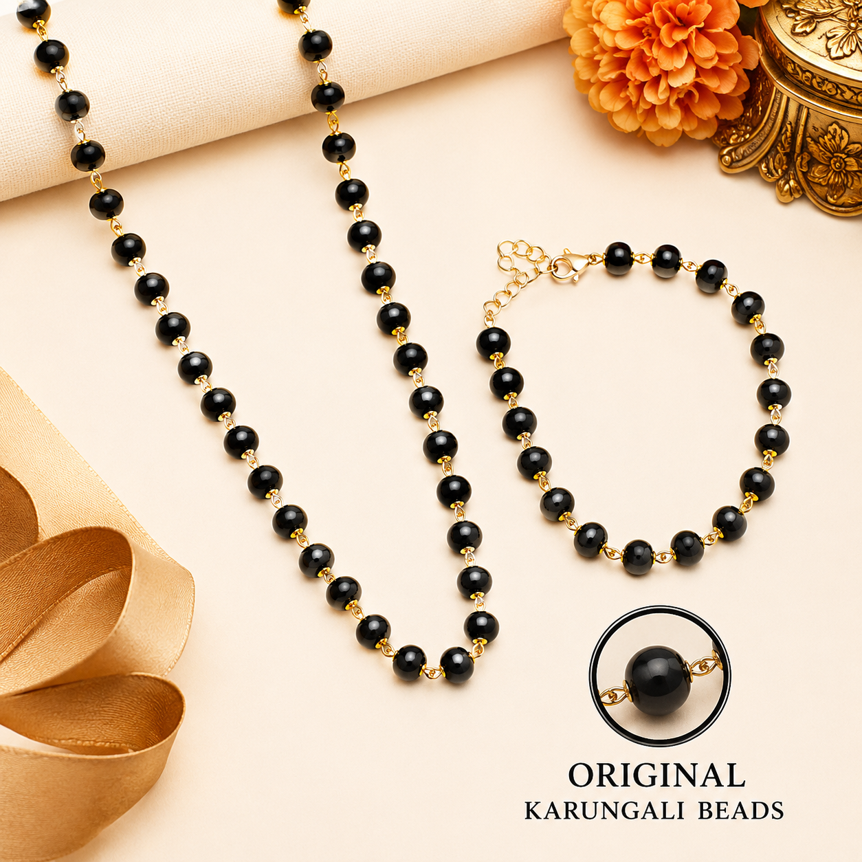 Premium Karungali Mala & Bracelet Combo for Men | Silver-Plated Wooden Beads Necklace Set