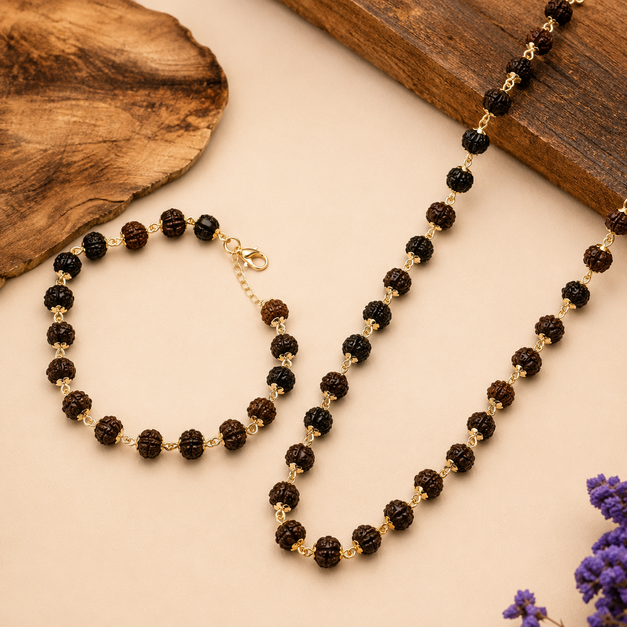 Premium Karungali Mala & Bracelet Combo for Men | Silver-Plated Wooden Beads Necklace Set