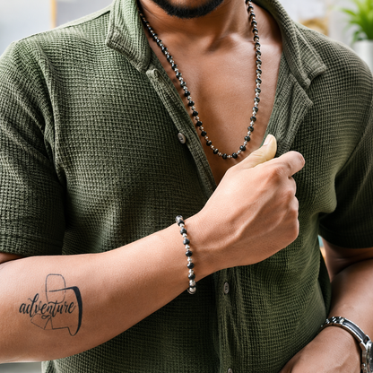 Premium Karungali Mala & Bracelet Combo for Men | Silver-Plated Wooden Beads Necklace Set