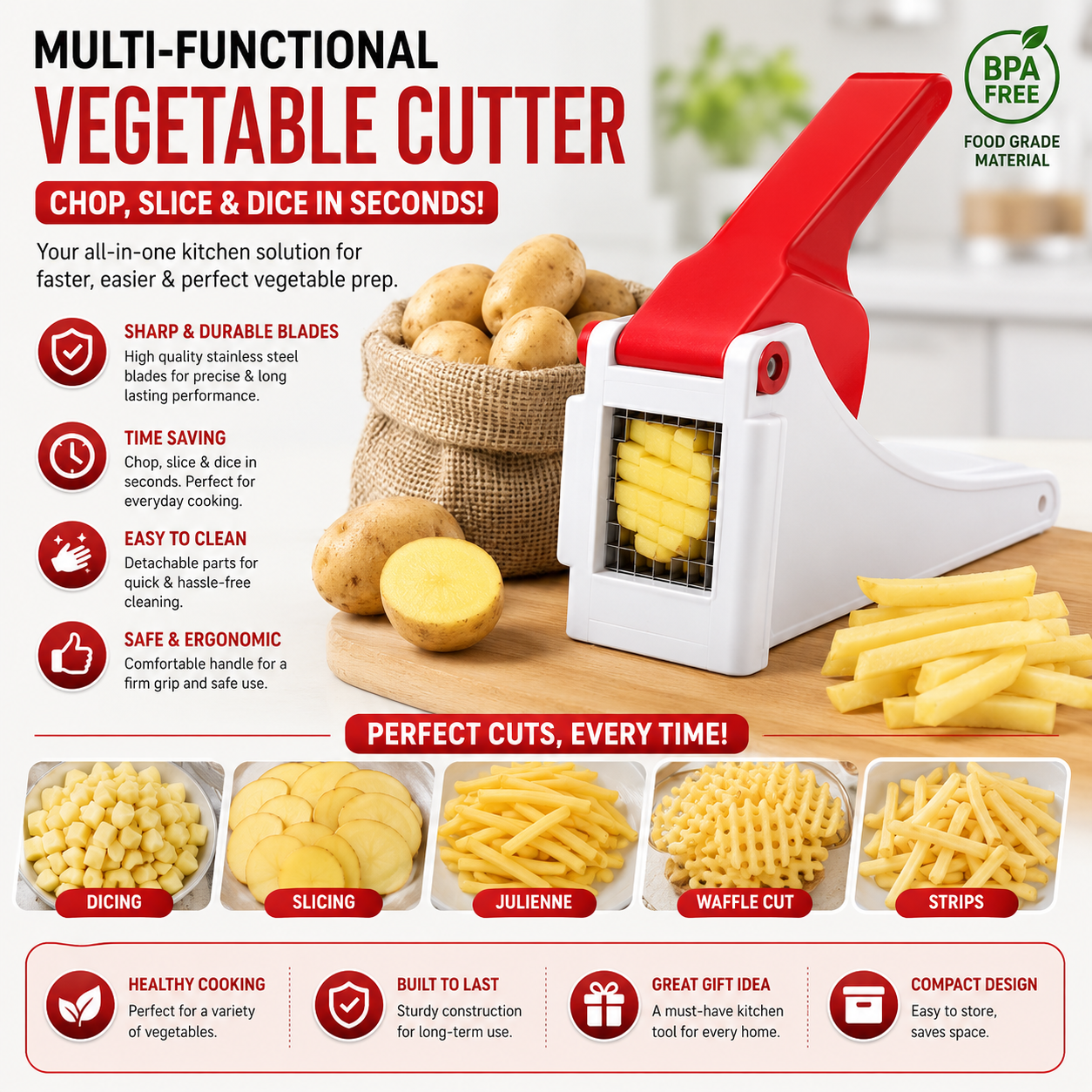 Heavy Duty French Fries Cutter & Vegetable Chopper – Manual Potato Slicer for Kitchen