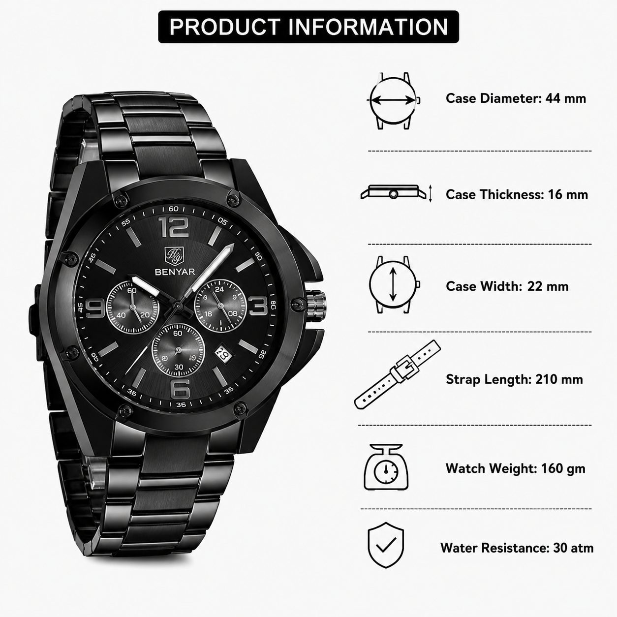 Luxury Black Metal Analog Watch for Men | Premium Quartz Stainless Steel Wrist Watch ⌚
