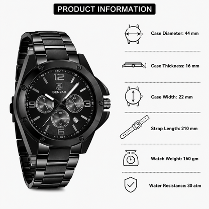 Luxury Black Metal Analog Watch for Men | Premium Quartz Stainless Steel Wrist Watch ⌚