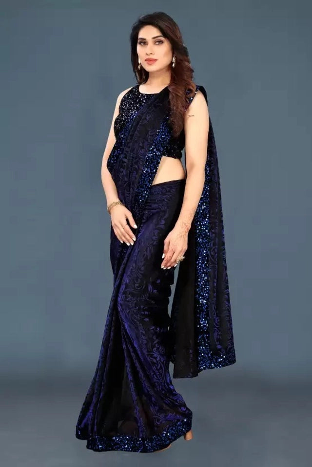 Women's Lycra Blend Solid Saree with Decorative Border | Elegant Party & Festive Wear Saree | Navy Blue | 6.3 Meter