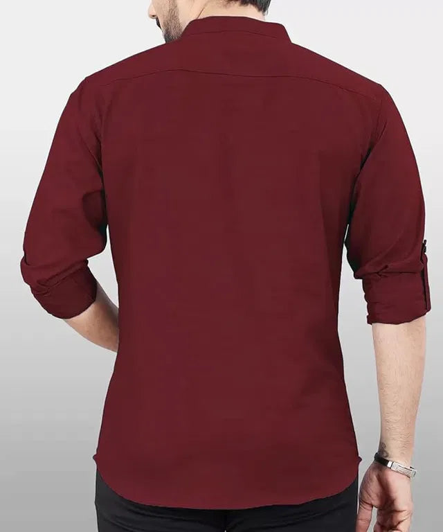 Men's Maroon Cotton Short Kurta – Slim Fit Mandarin Collar Casual Ethnic Wear