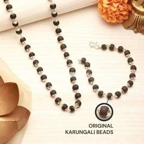 Premium Karungali Mala & Bracelet Combo for Men | Silver-Plated Wooden Beads Necklace Set