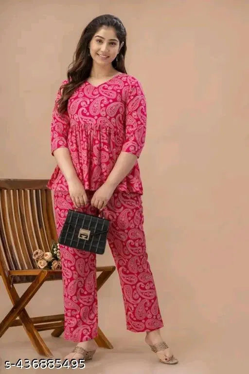 Women's Pink Printed Co-Ord Set – Stylish Casual Two-Piece Outfit for Women