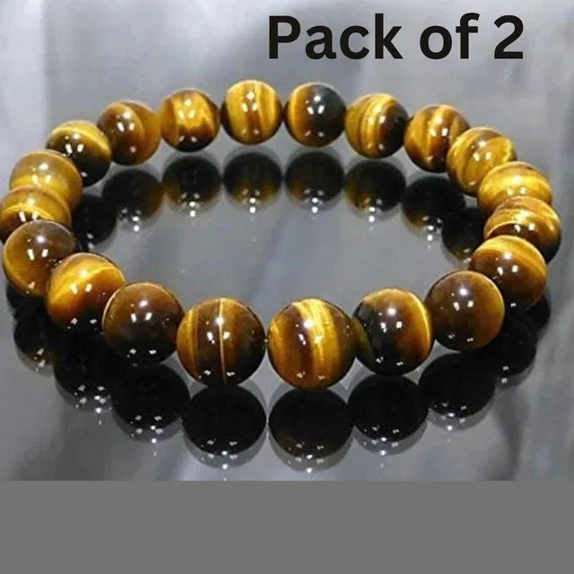 Natural Tiger Eye Stone Bracelet (Pack of 2) | Premium Crystal Beaded Stretch Bracelet for Men & Women