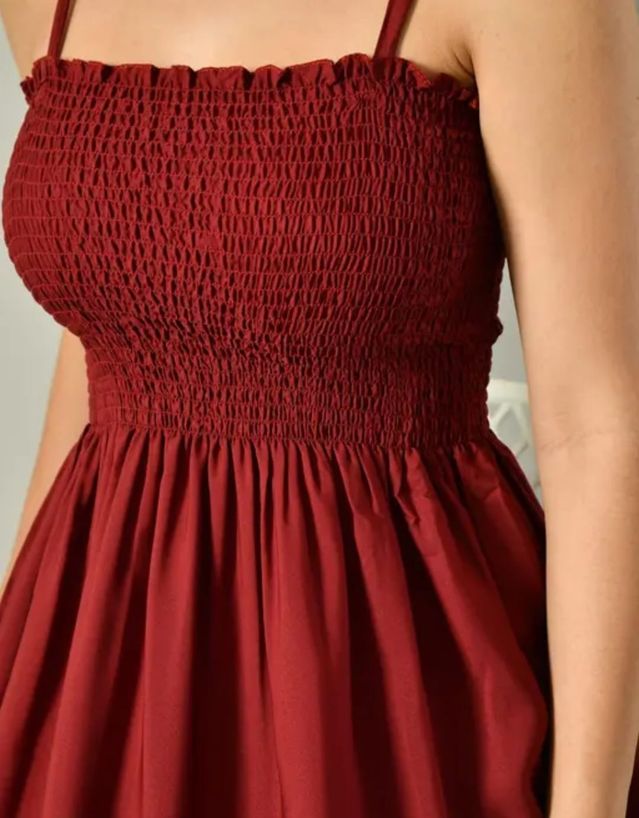 Women's Maroon Smocked Midi Dress – Elegant Sleeveless Flared Casual Party Dress