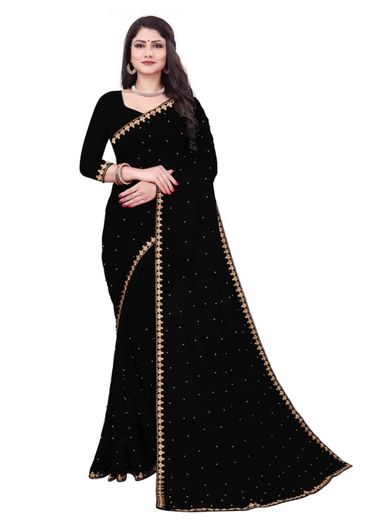 Women's Lycra Blend Solid Saree with Decorative Border | Elegant Party & Festive Wear Saree | Black | 6.3 Meter