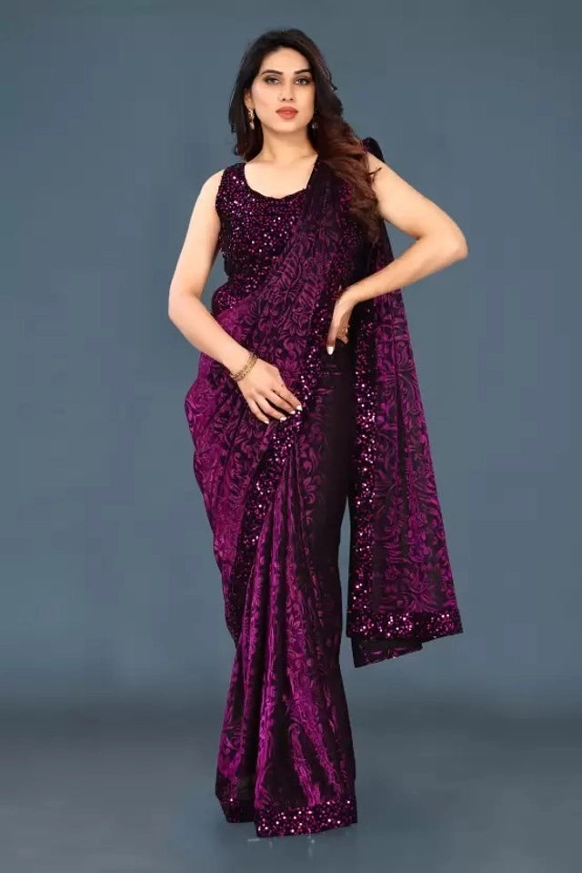 Women's Lycra Blend Solid Saree with Decorative Border | Elegant Party & Festive Wear Saree | Navy Blue | 6.3 Meter