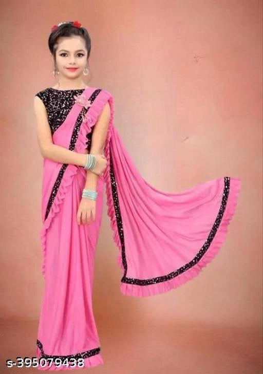 Girls Baby Pink Ready-to-Wear Saree | Traditional Ethnic Party Wear Saree for Kids (3–4 Years)