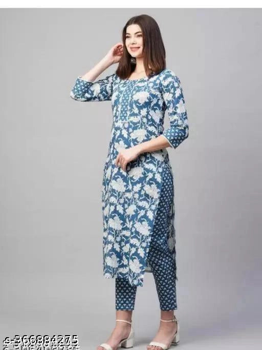 Women's Blue & White Cotton Printed Kurta Pant Set – Elegant Ethnic Wear for Everyday Comfort