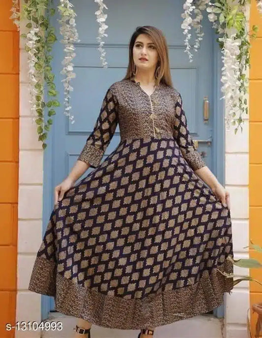 Women's Navy Blue Rayon Anarkali Kurti – Elegant Printed Flared Ethnic Dress