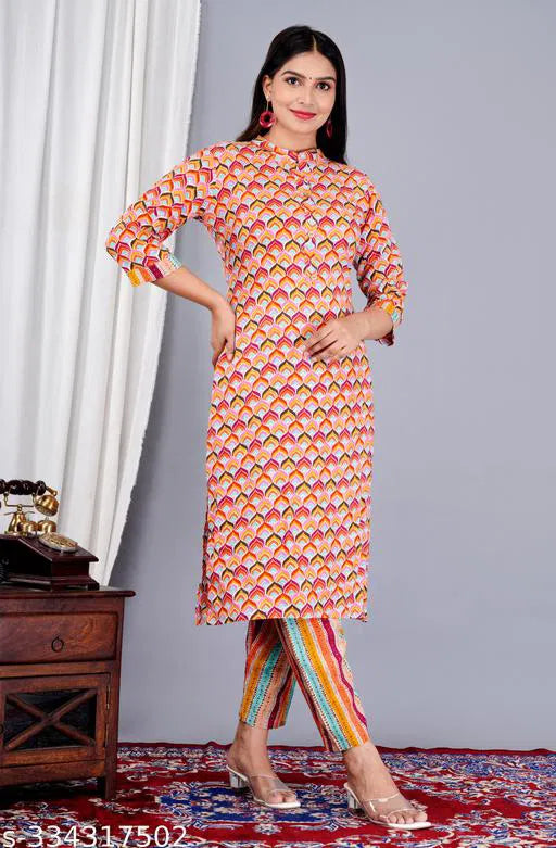 Women's Multicolor Printed Kurta Pant Set – Stylish Ethnic Co-Ord Set for Everyday Elegance