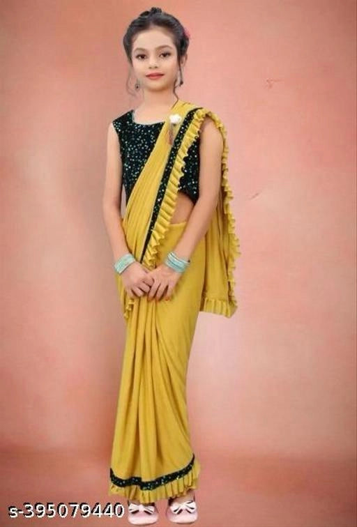 Girls Mustard Yellow Ready-to-Wear Saree | Traditional Ethnic Party Wear Saree for Kids (5–6 Years)