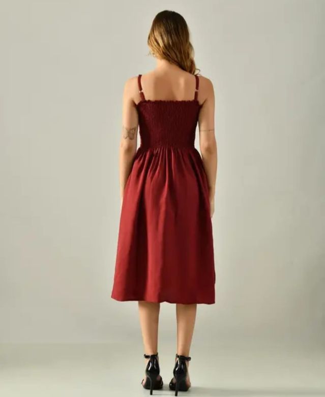 Women's Maroon Smocked Midi Dress – Elegant Sleeveless Flared Casual Party Dress