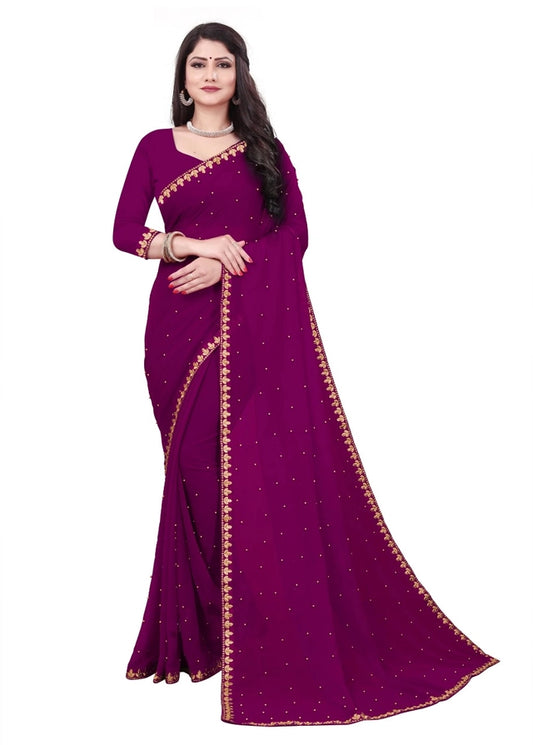 Women's Lycra Blend Solid Saree with Decorative Border | Elegant Party & Festive Wear Saree | Purple | 6.3 Meter