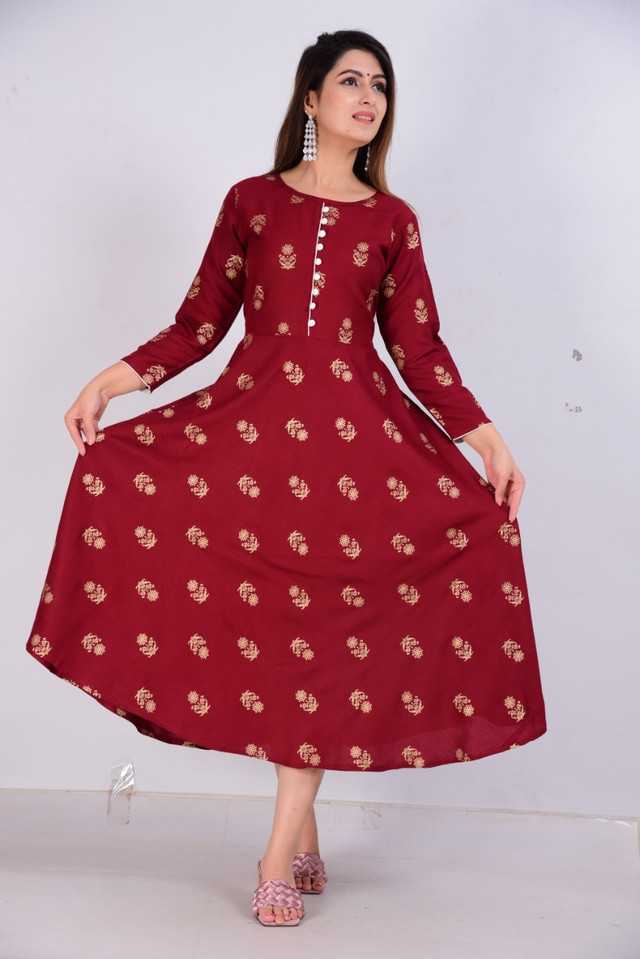 Women's Maroon Cotton Anarkali Kurti – Elegant Printed Flared Ethnic Dress