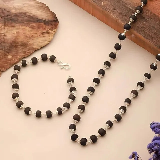 Premium Karungali Mala & Bracelet Combo for Men | Silver-Plated Wooden Beads Necklace Set