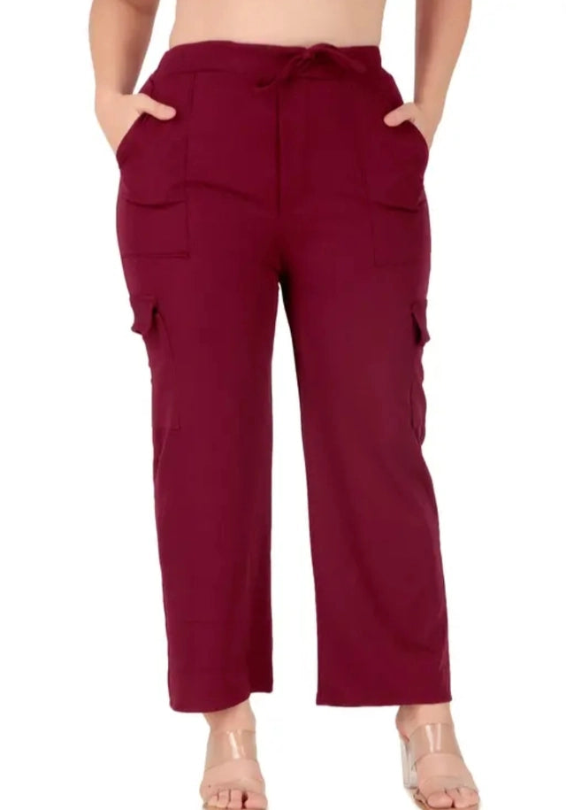 Women's Maroon Cotton Blend Cargo Trousers – Straight Fit Casual Pants with Pockets