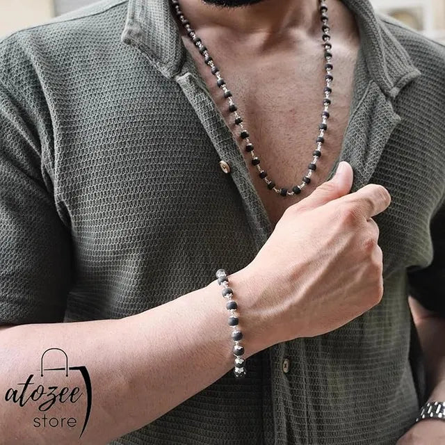 Premium Karungali Mala & Bracelet Combo for Men | Silver-Plated Wooden Beads Necklace Set