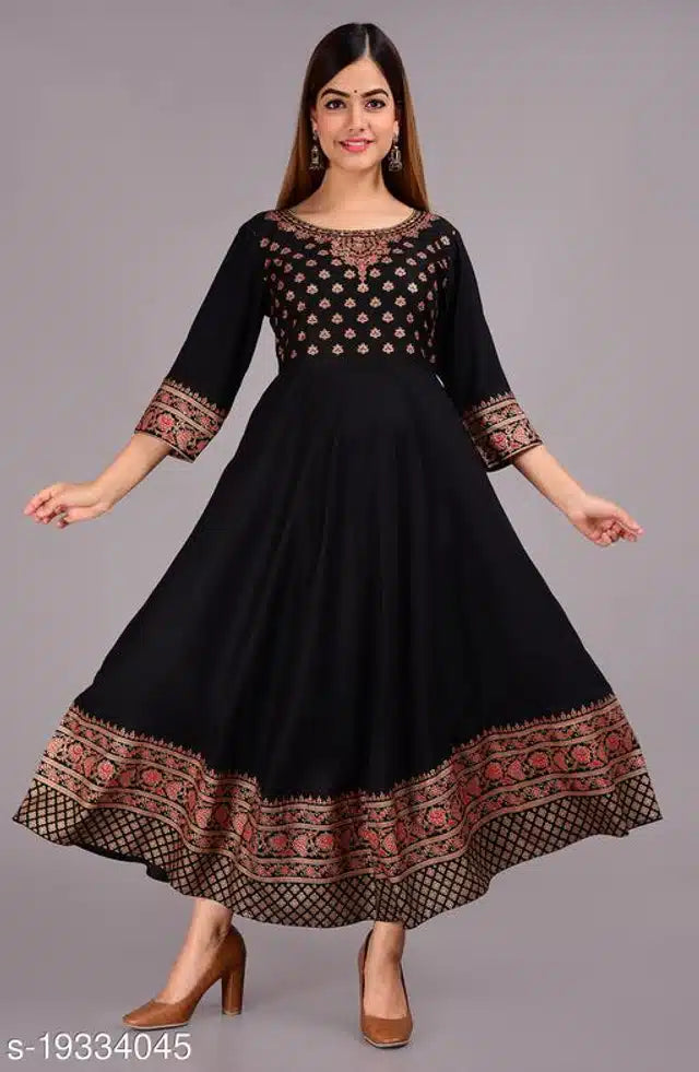 Women's Black Rayon Anarkali Kurti – Elegant Printed Flared Ethnic Dress