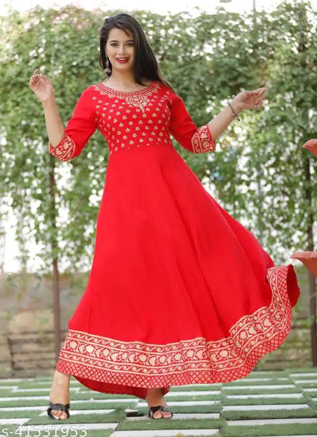 Women's Red Rayon Anarkali Kurti – Elegant Flared Ethnic Party Wear Dress