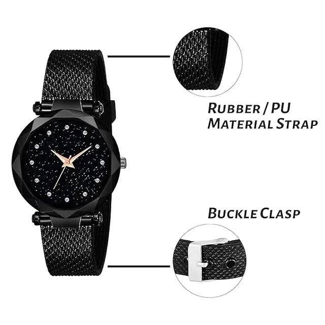 Luxury Black Diamond Dial Wrist Watch for Women & Girls