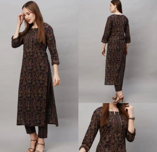 Women's Floral Printed Cotton Kurta Pant Set | Elegant 2 Piece Ethnic Wear black