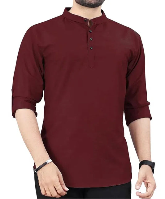 Men's Maroon Cotton Short Kurta – Slim Fit Mandarin Collar Casual Ethnic Wear