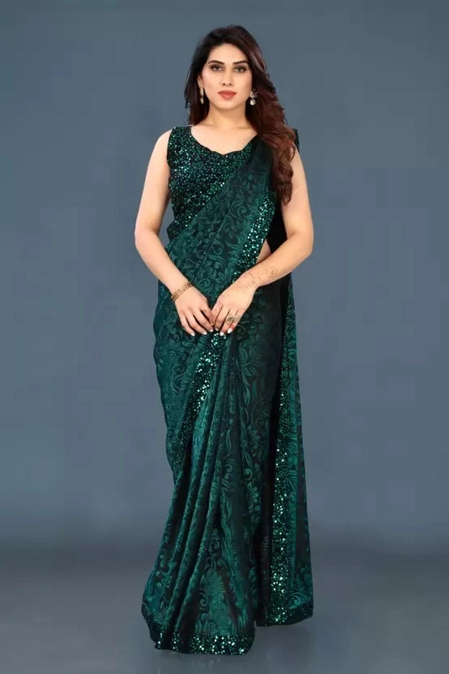 Women's Lycra Blend Solid Saree with Decorative Border | Elegant Party & Festive Wear Saree | Navy Blue | 6.3 Meter