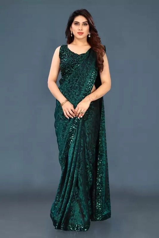 Women's Lycra Blend Solid Saree with Decorative Border | Elegant Party & Festive Wear Saree | Navy Blue | 6.3 Meter